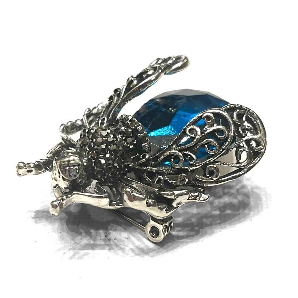 Silver Bee With Blue Crystal Brooch